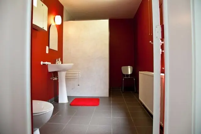 De badkamer met wastafel, douche en rode wanden